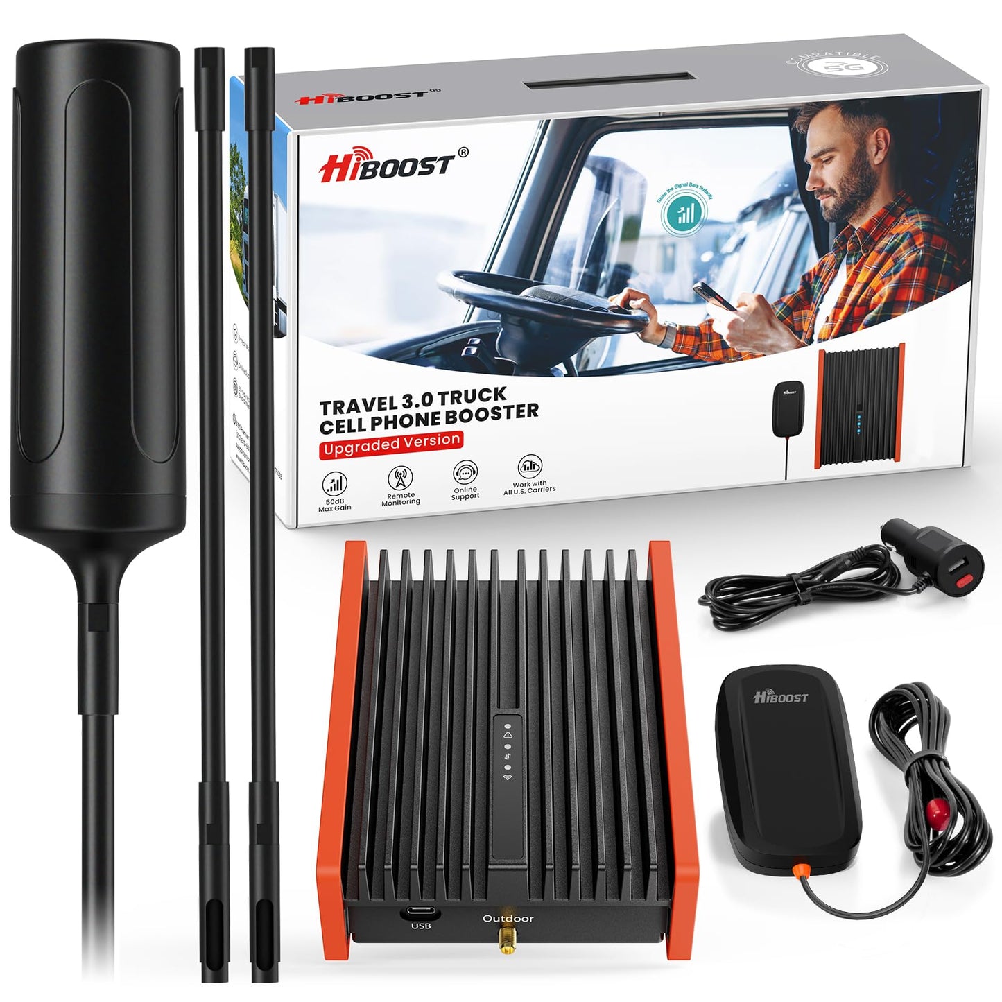 HiBoost Cell Phone Signal Booster for Trucks & SUVs, 5G/4G LTE Multi-Carrier, Weatherproof Antenna, FCC Approved