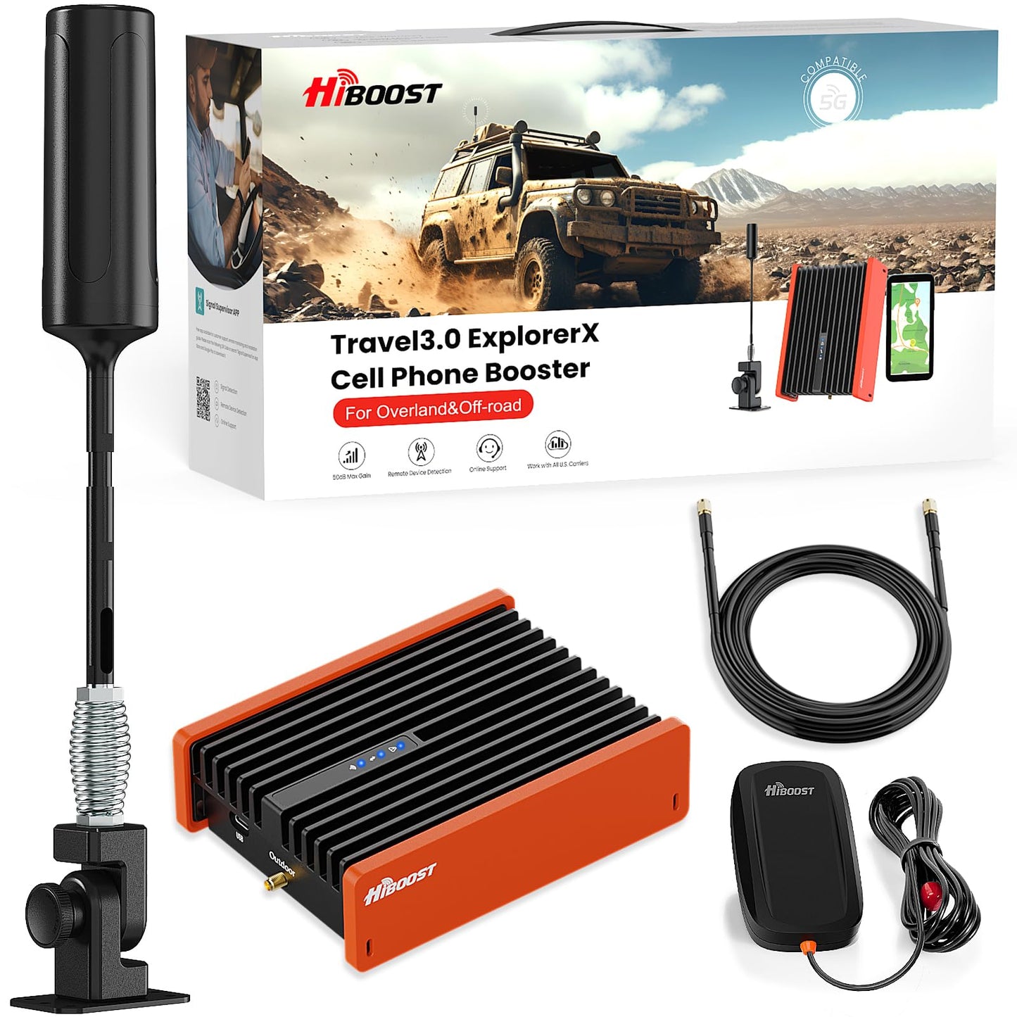 HiBoost Cell Phone Signal Booster for Overland & Off-Road Vehicles, 5G/4G LTE Multi-Carrier, Folding Antenna Mount, FCC Approved