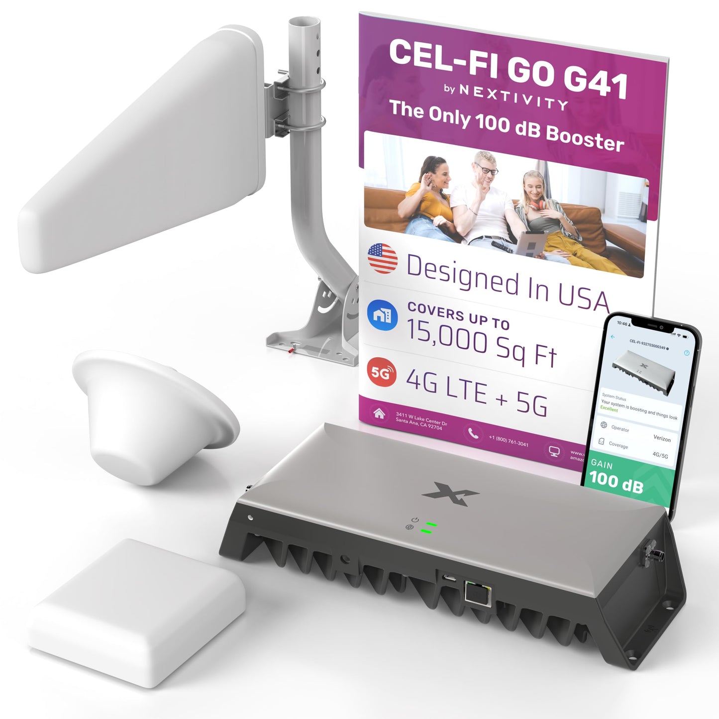 Nextivity CEL-FI GO G41 Cell Phone Signal Booster, 4G/5G, Up to 15,000 sq ft, Multi-Carrier, FCC Approved (1 Kit)