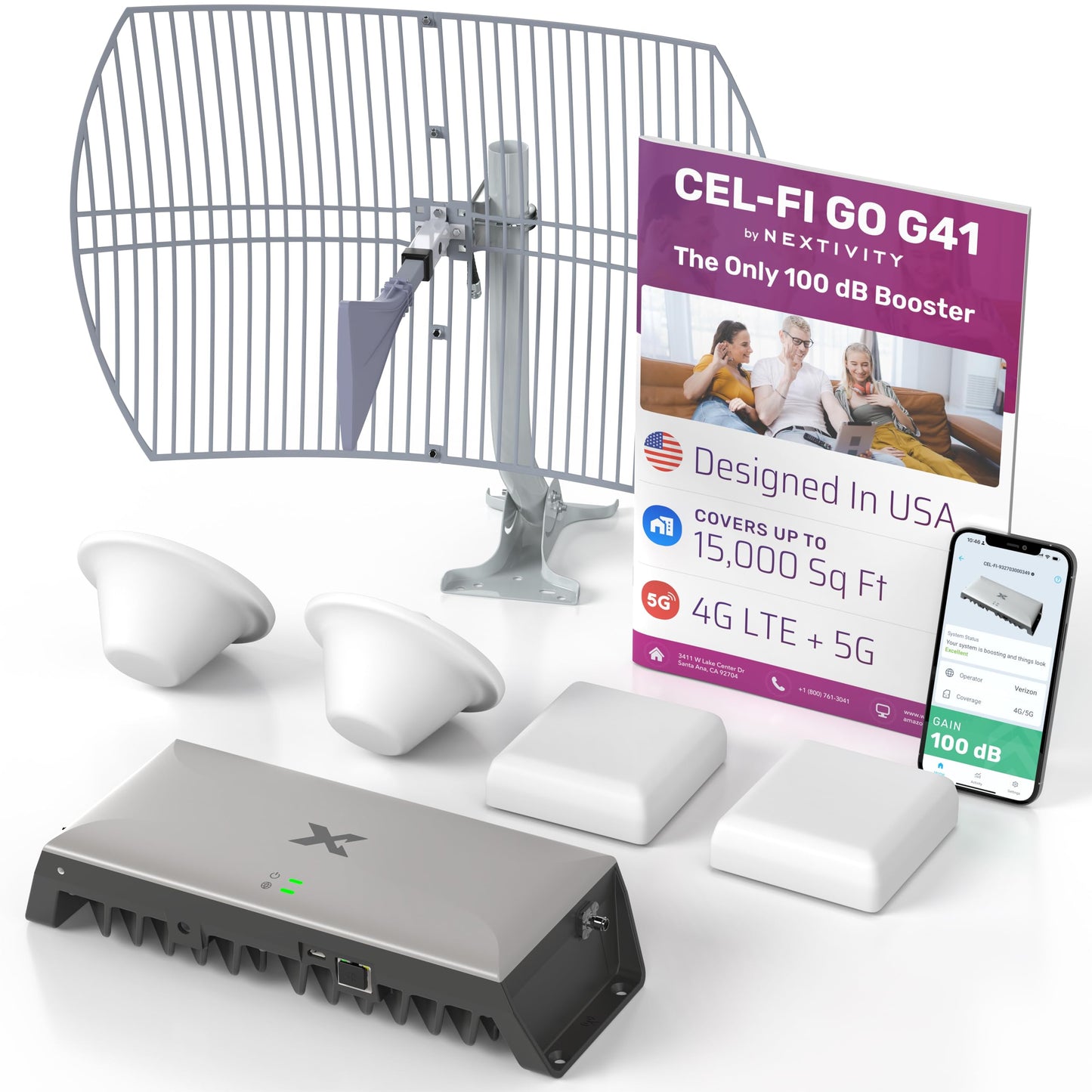 Nextivity CEL-FI GO G41 Cell Phone Signal Booster, 4G/5G, Up to 15,000 sq ft, Multi-Carrier, FCC Approved, Dual Antenna System